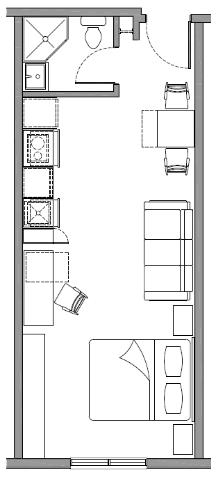 a floor plan of a small room with a bedroom and a living room